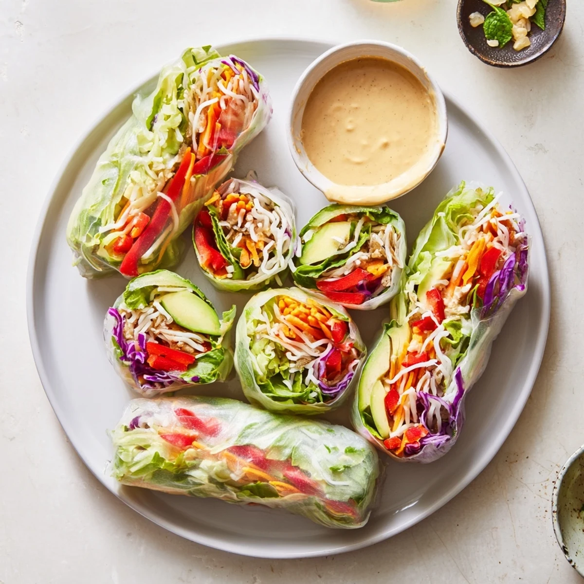 Hand-held fresh spring rolls with translucent rice paper wrapper showcasing crisp rainbow vegetable fillings