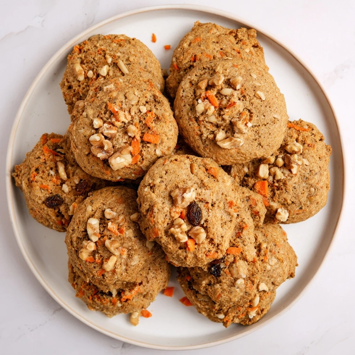 Soft homemade carrot cake cookies with cream cheese glaze dripping down the edges on a wooden board