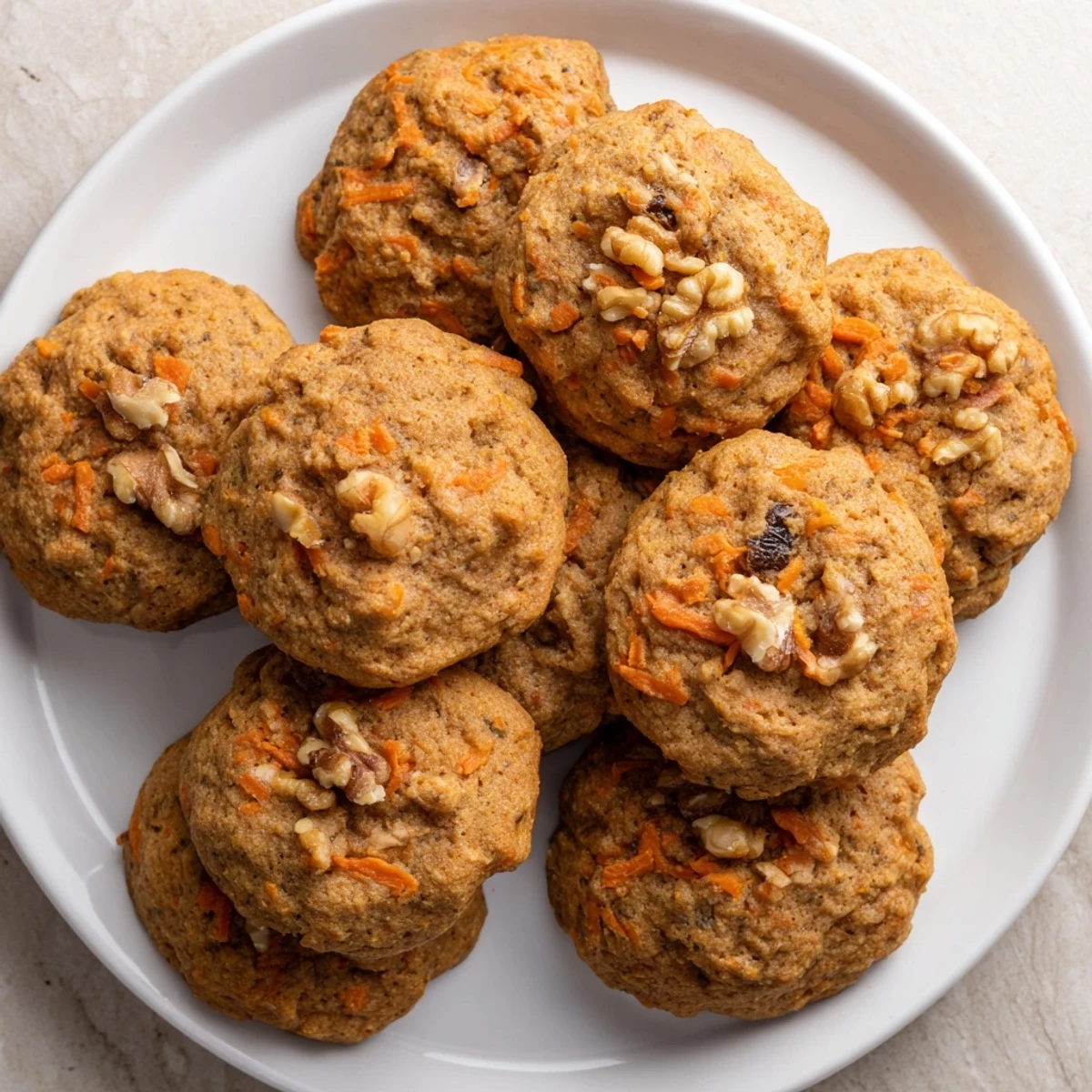 Freshly baked spiced carrot cake cookies piled high with visible carrot shreds and crunchy walnut pieces