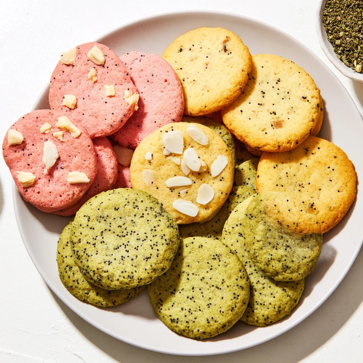 Assorted spring cookie collection featuring lemon poppy seed, matcha almond, and strawberry white chocolate varieties arranged on a wooden serving board