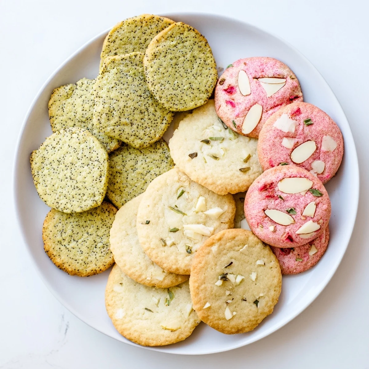 Colorful spring cookie assortment displaying golden lemon, green matcha shortbread, and pink strawberry treats on a white platter