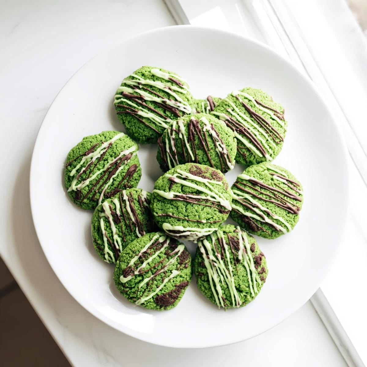 Soft baked green velvet cookies drizzled with melted white chocolate on a white plate