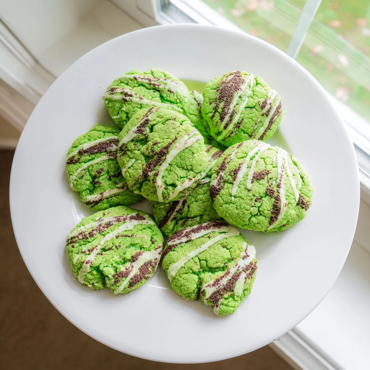Vibrant green cookies topped with sweet white chocolate swirls, perfect for holiday dessert platters