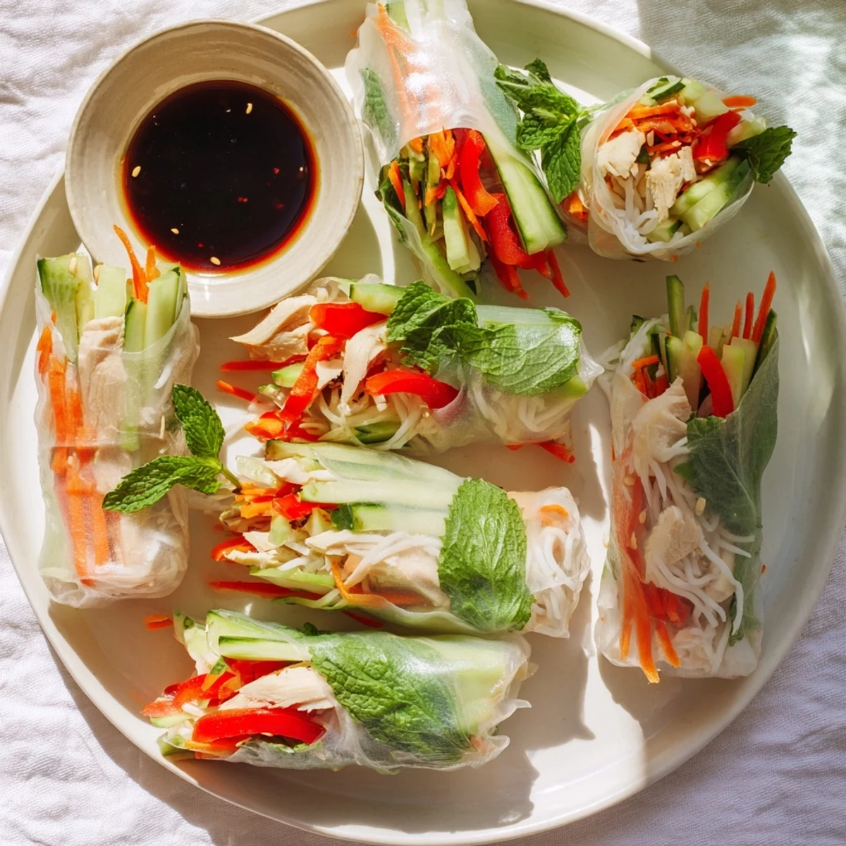 Light chicken veggie spring rolls with colorful julienned vegetables and fresh herbs ready for dipping