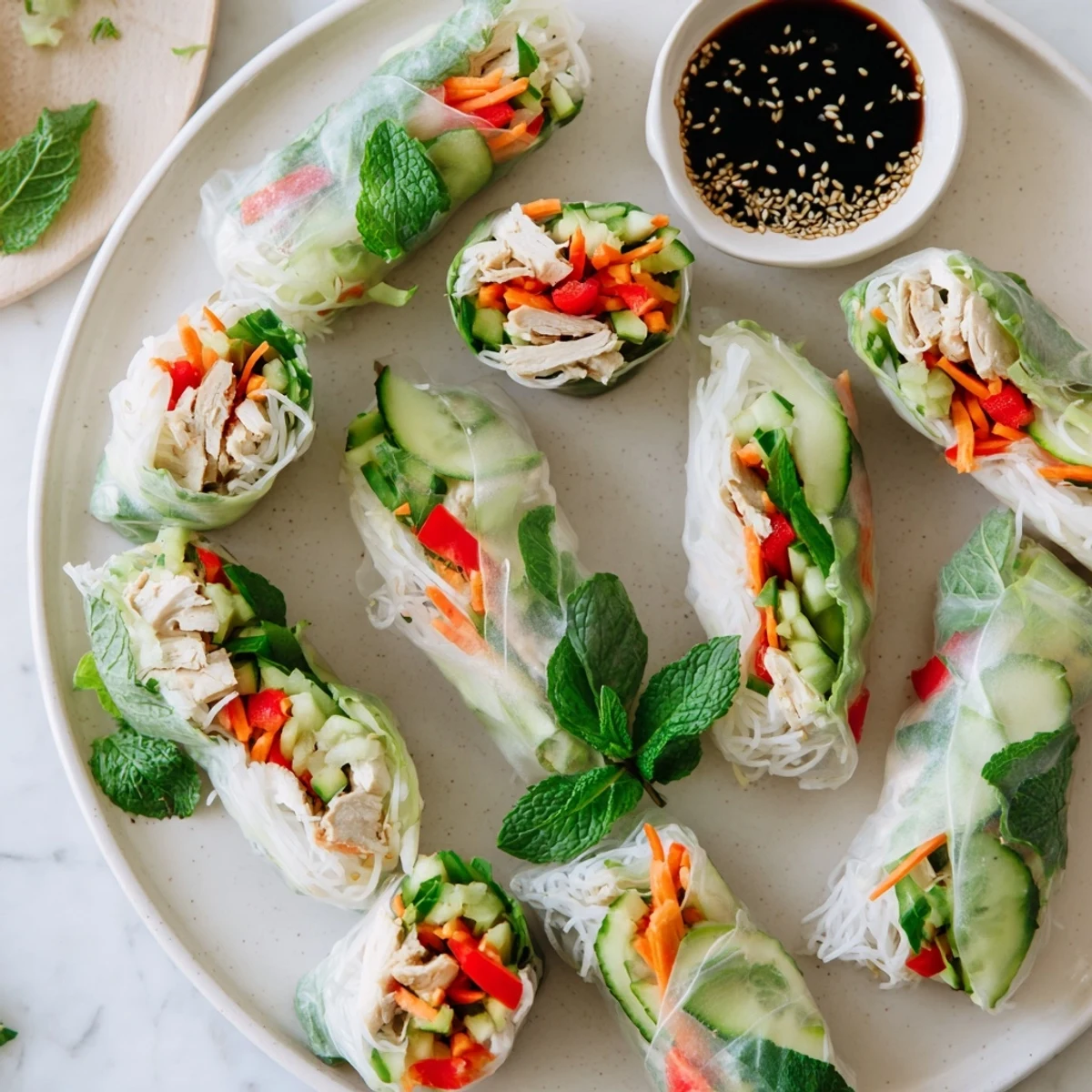 Homemade light chicken veggie spring rolls sliced to reveal vibrant carrot cucumber and red bell pepper filling