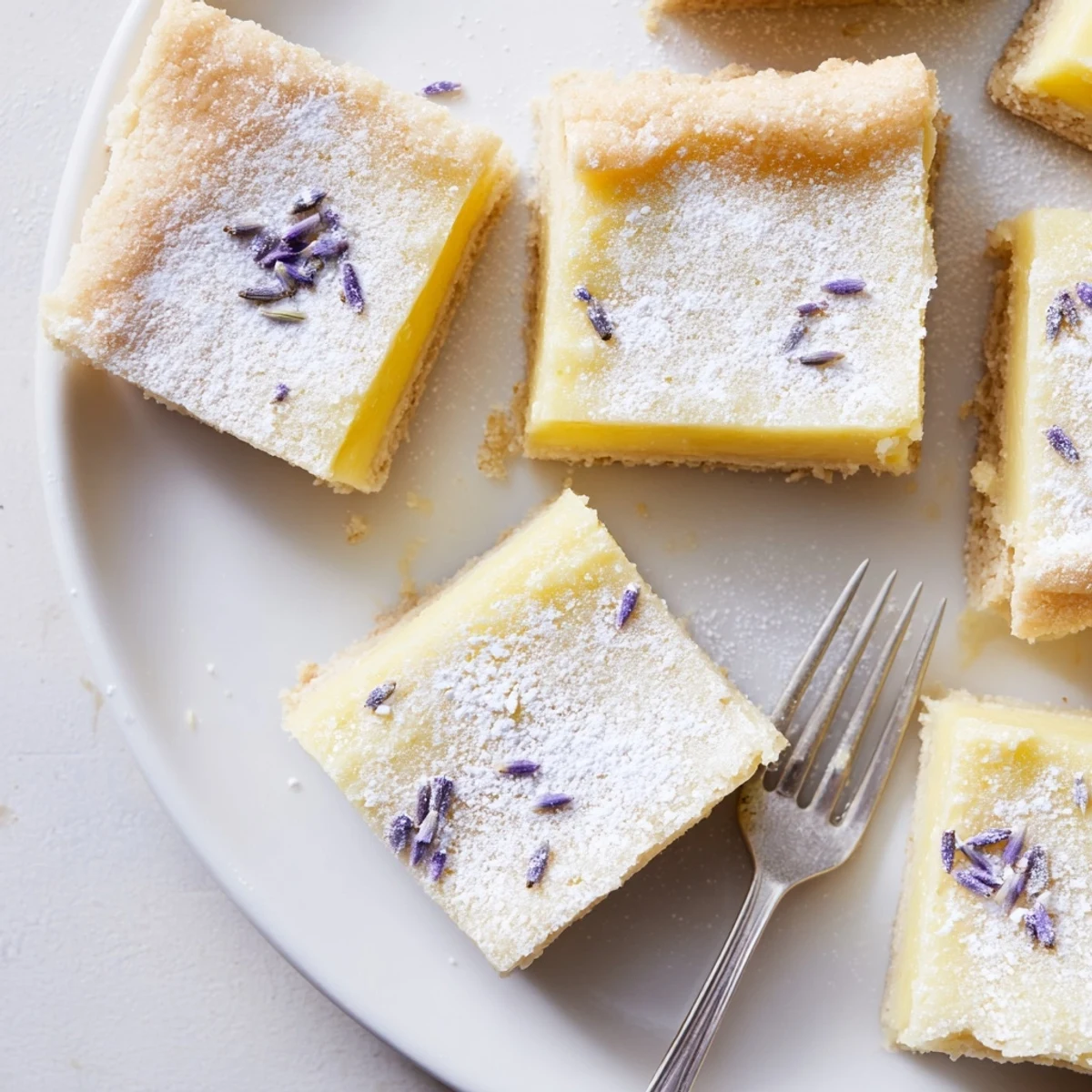 Elegant square lemon bars featuring floral lavender infusion and sweet powdered sugar topping