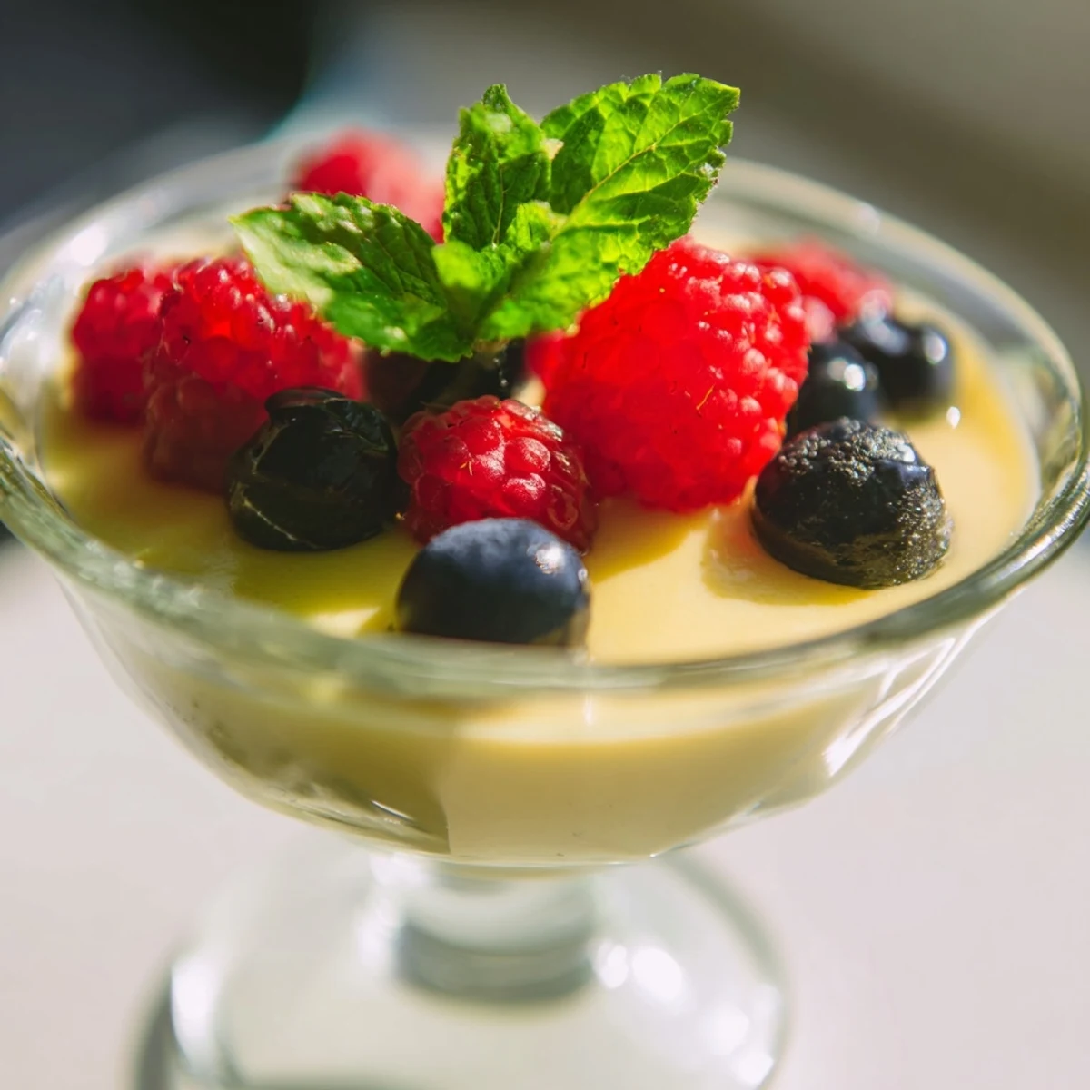 Creamy lemon posset set in clear glasses topped with fresh red raspberries and green mint leaves