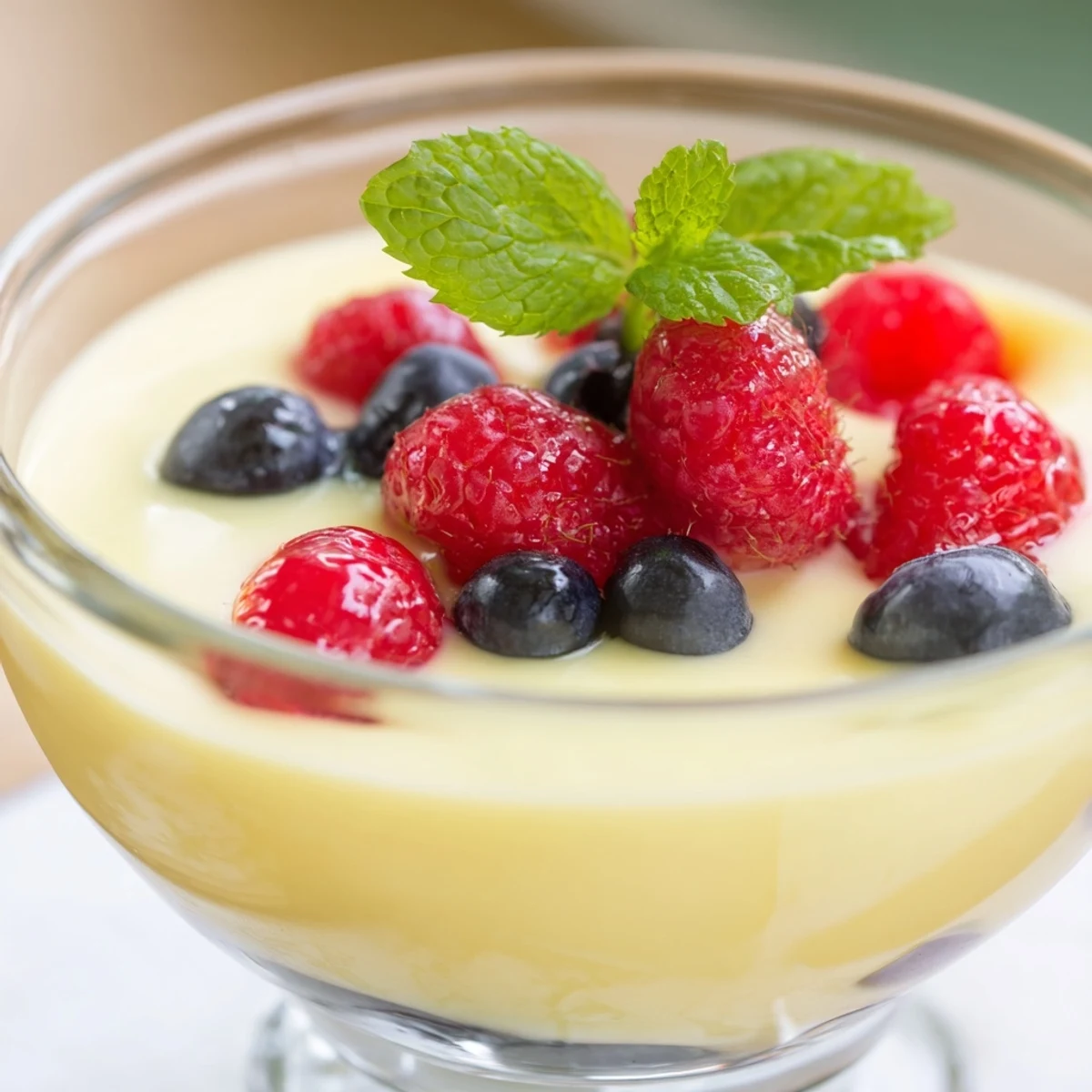 Rich British lemon posset with vibrant yellow color and glistening texture chilled in small glass bowls