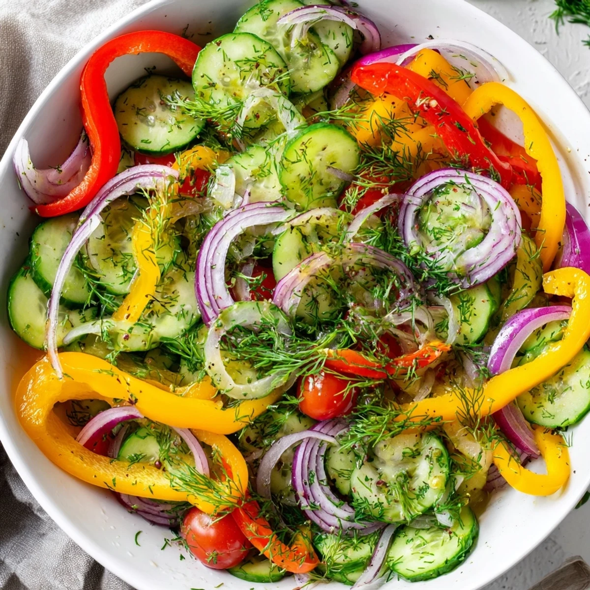 Fresh cucumber and sweet pepper salad with colorful vegetables in a light herbed dressing