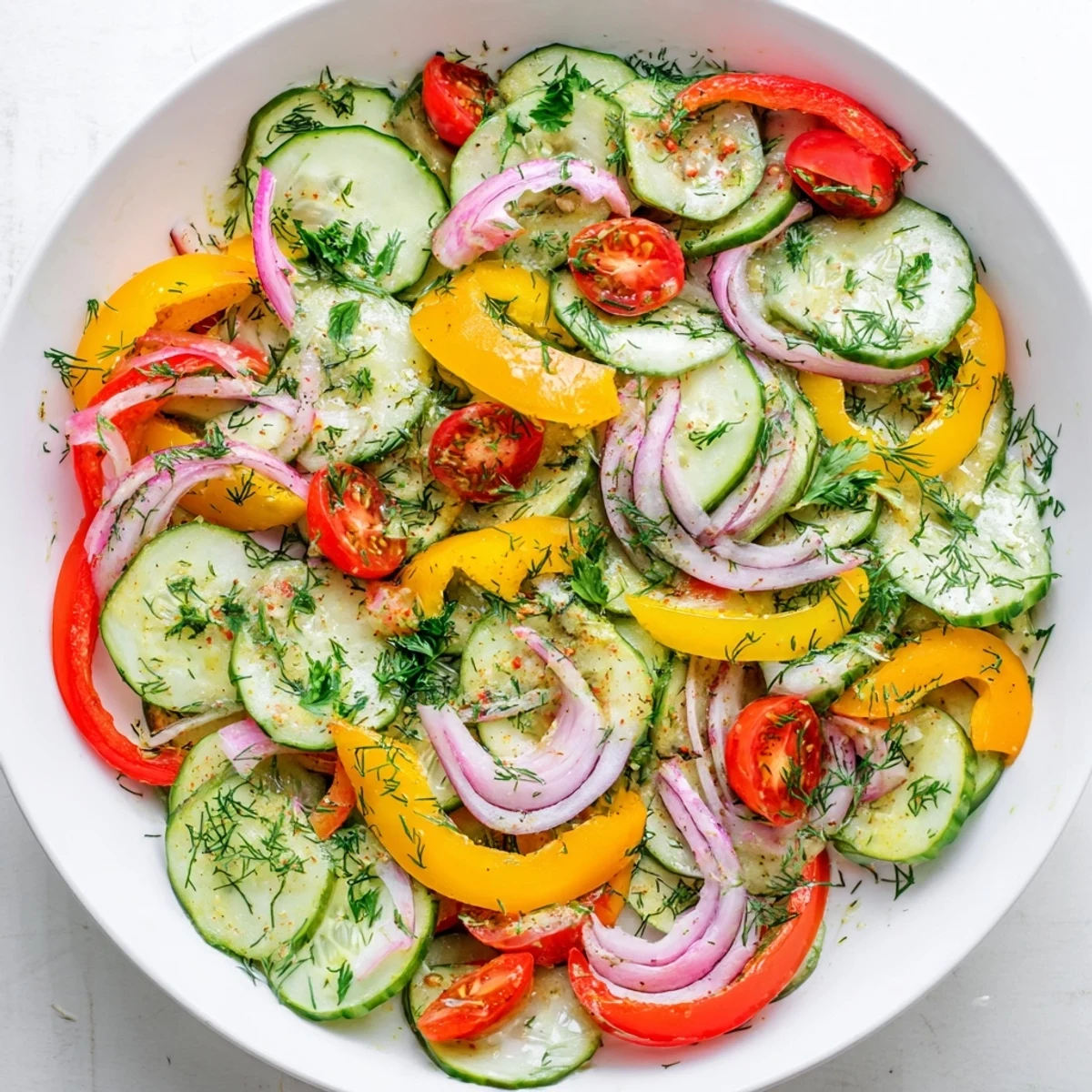 Colorful cucumber and sweet pepper salad featuring cherry tomatoes and fresh herbs in a bowl