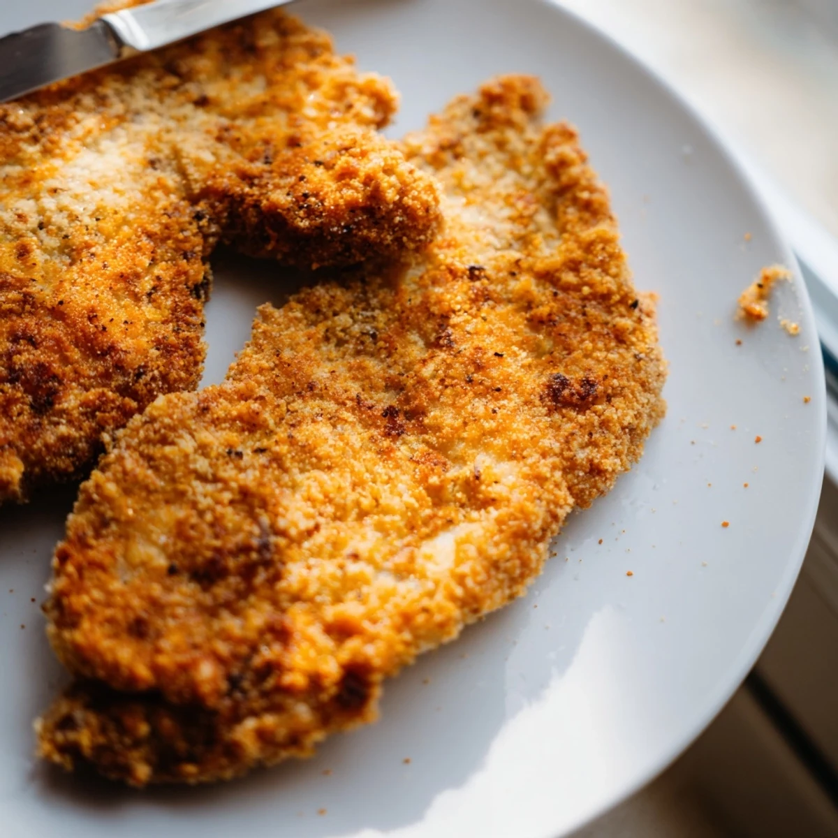 Golden brown crispy chicken fried chicken served on a wire rack with visible seasoning