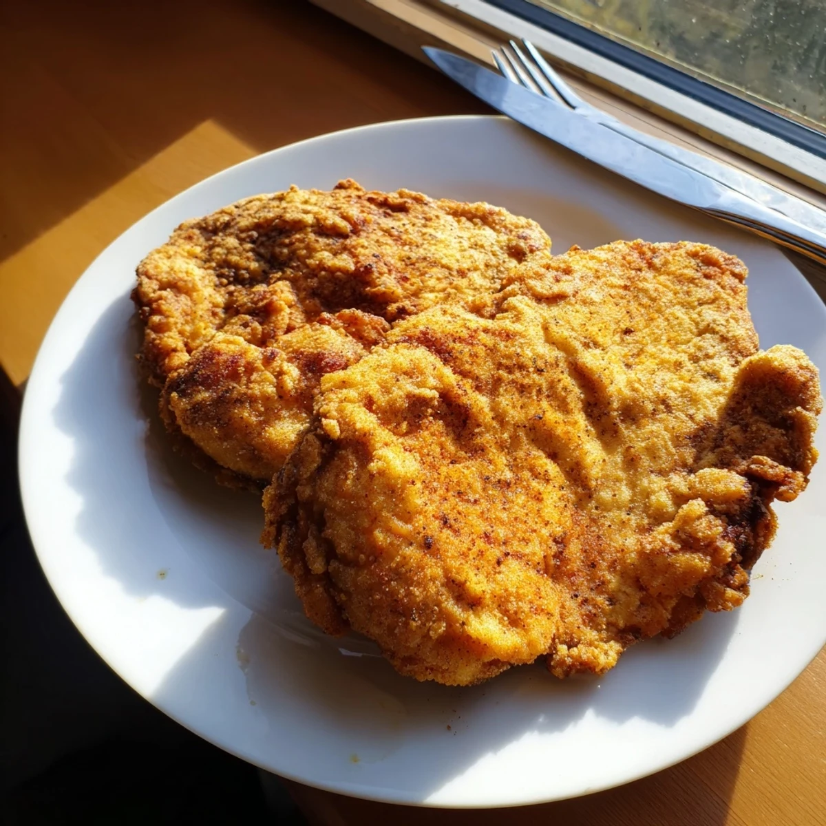 Southern style crispy chicken fried chicken with crunchy double-dipped coating on white plate