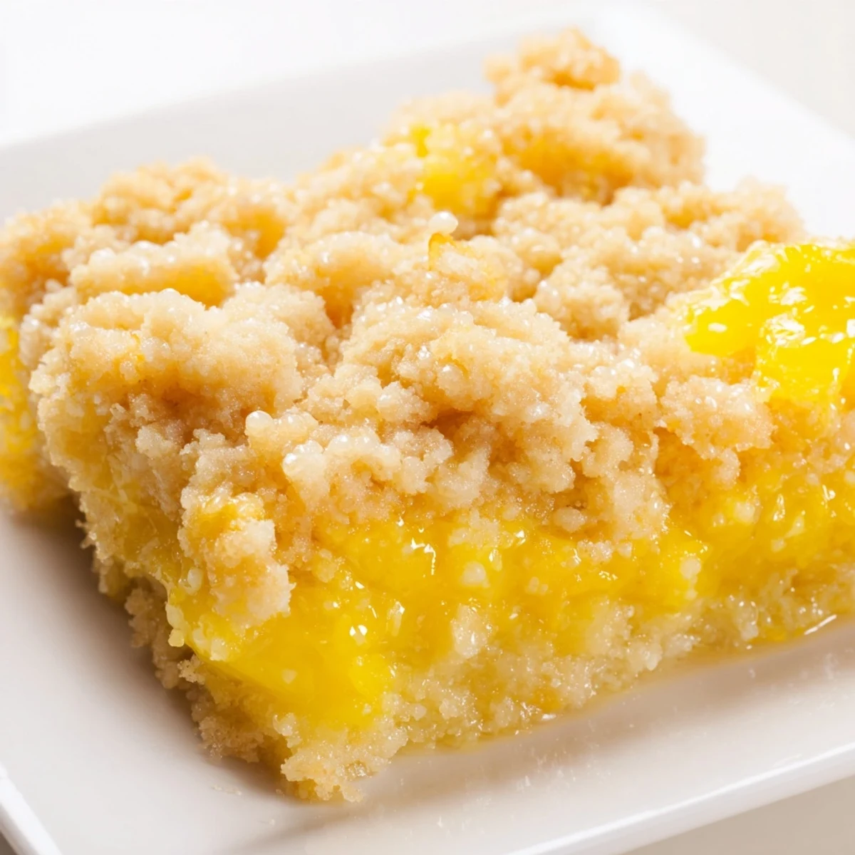 Warm citrus lemon dump cake topped with golden buttery yellow cake mix crumbles