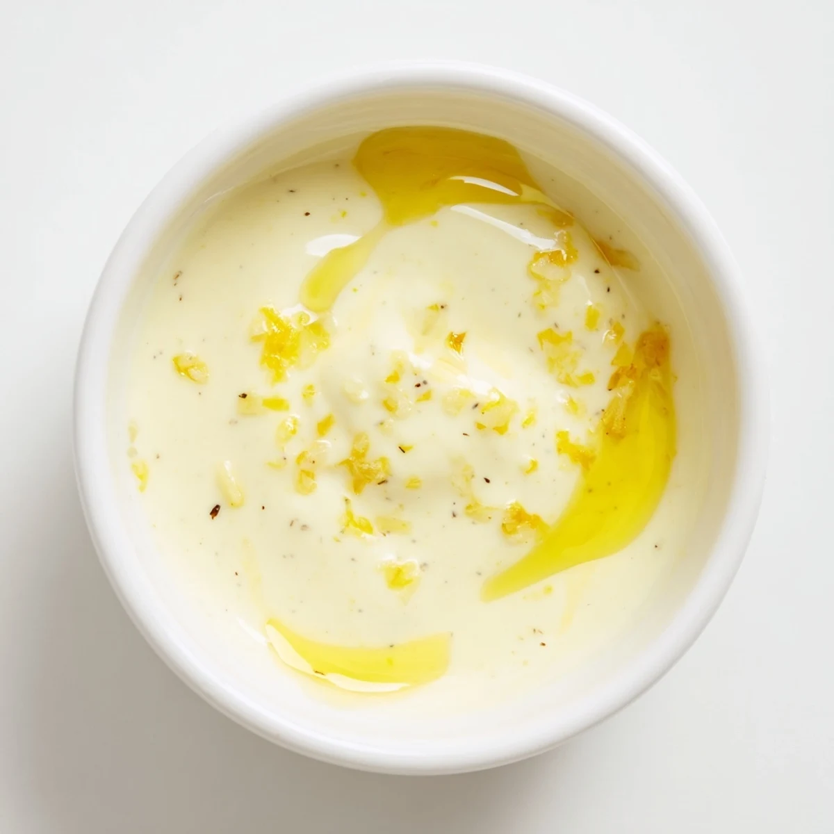 Golden creamy lemon vinaigrette dressing drizzled over fresh green salad with lemon zest garnish