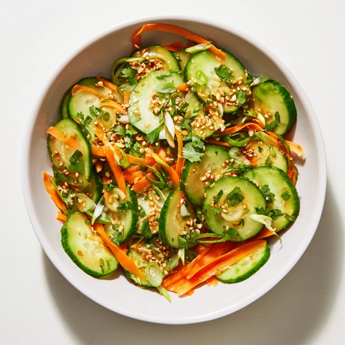 Glass serving dish filled with refreshing Asian cucumber salad marinated in savory soy vinegar dressing
