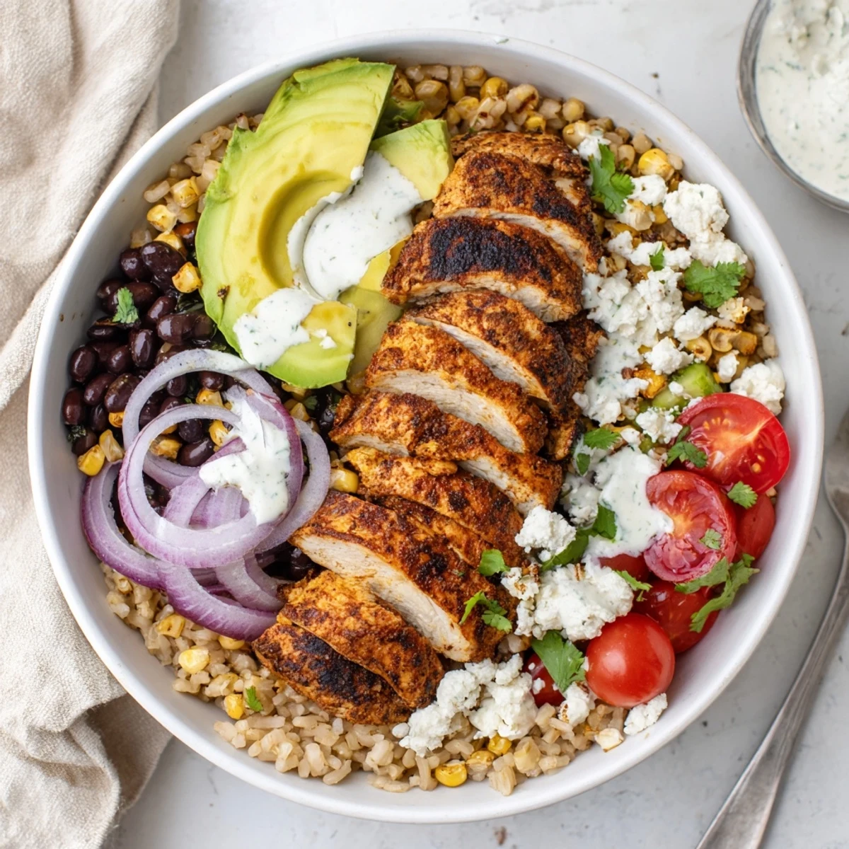Hearty protein packed street corn chicken bowl featuring spiced grilled chicken over rice with black beans and fresh toppings