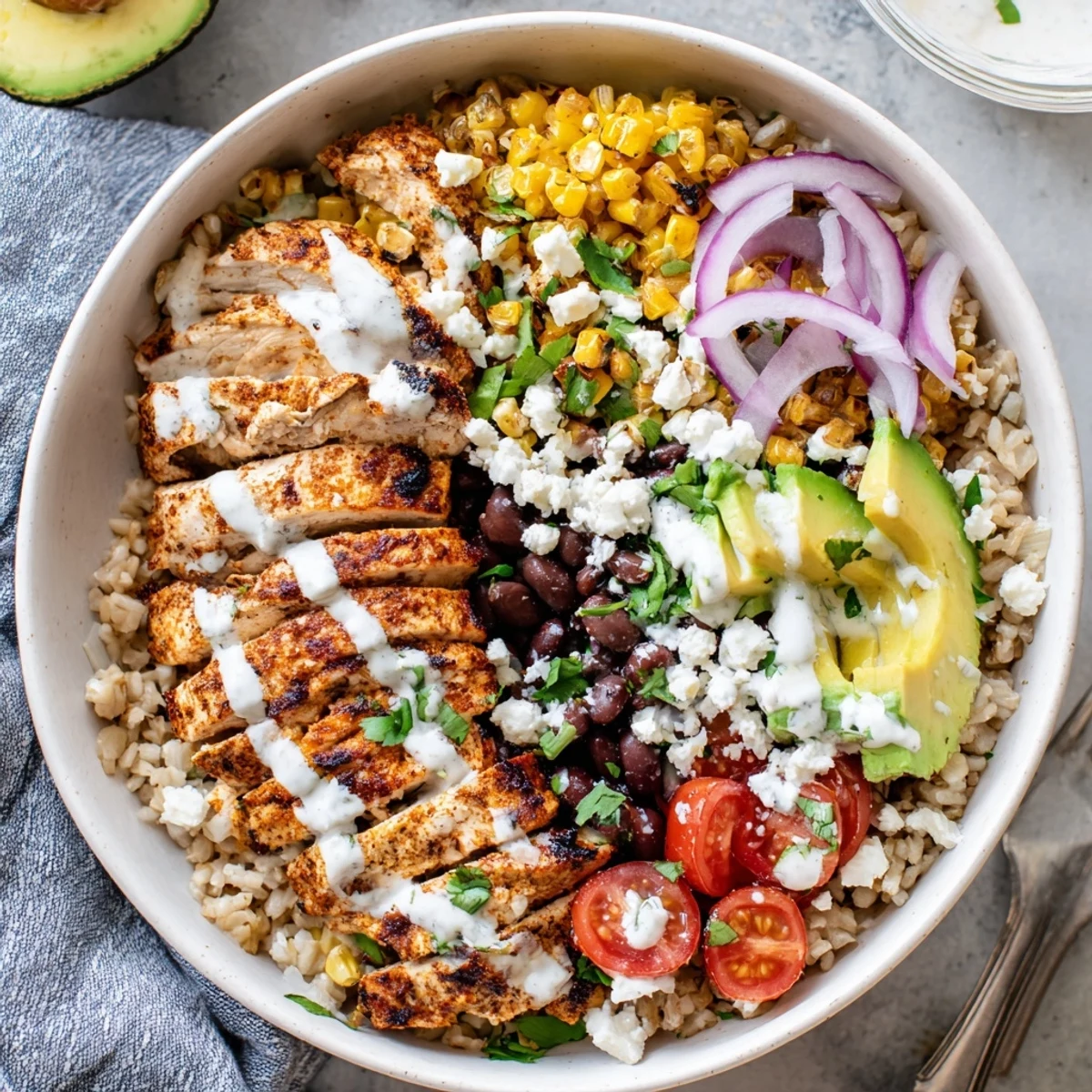 Colorful protein packed street corn chicken bowl with grilled chicken, charred corn, avocado, and creamy lime dressing