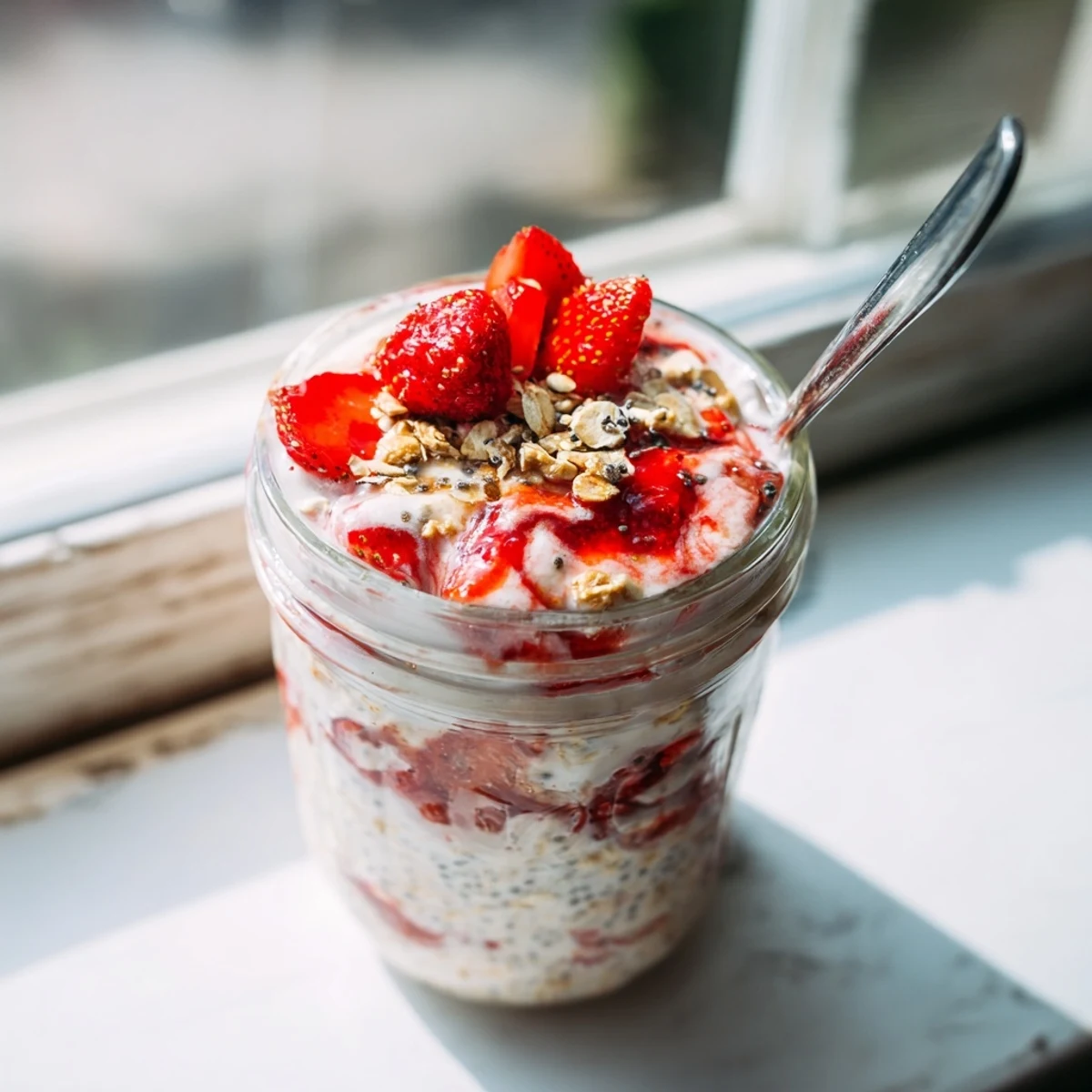 Creamy strawberries and cream overnight oats jar topped with fresh sliced strawberries and granola
