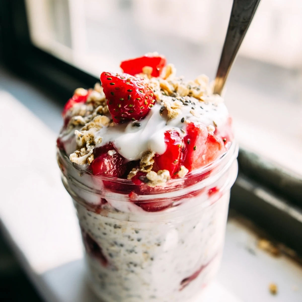Meal prep strawberries and cream overnight oats ready to grab with fresh strawberry garnish
