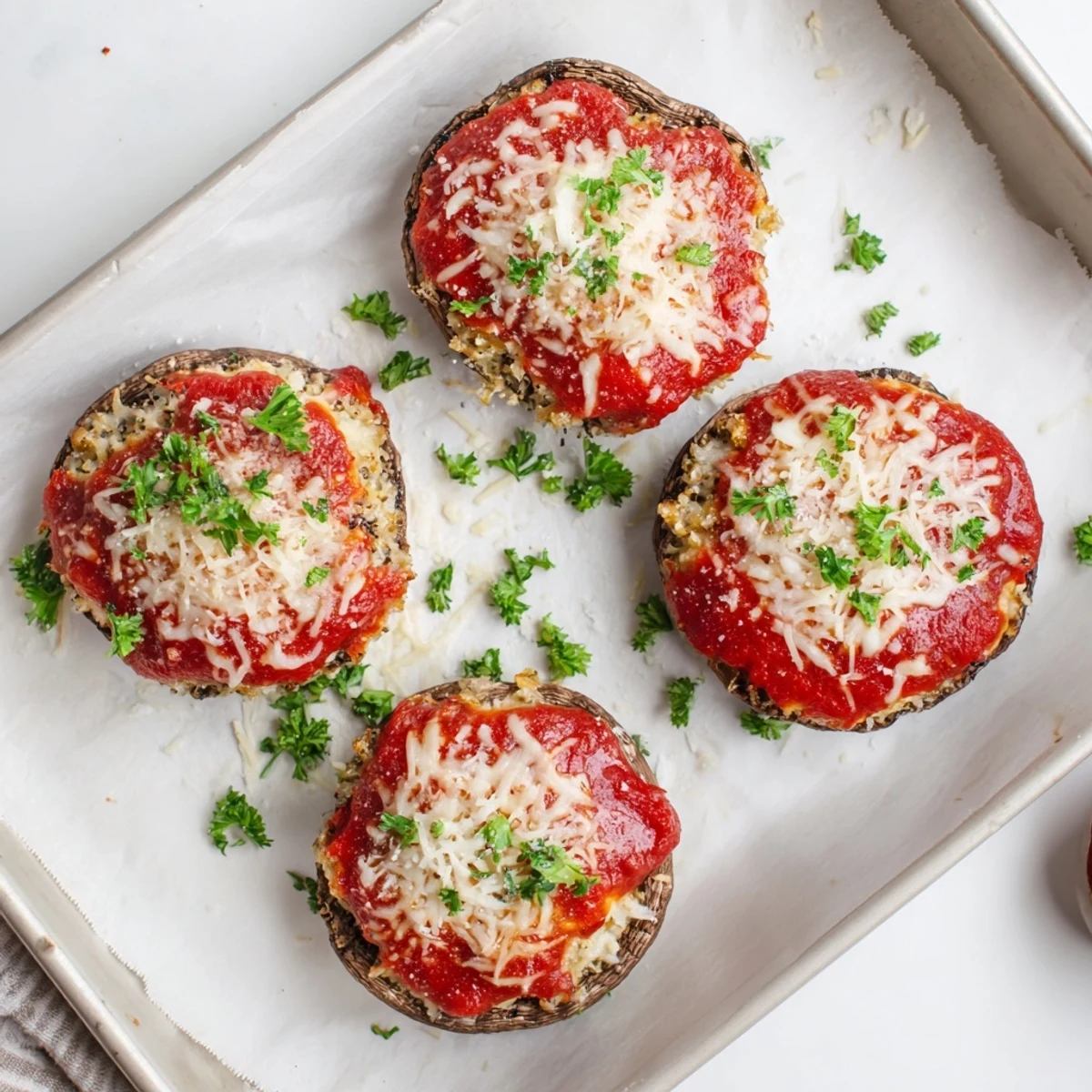 Golden stuffed portobello mushrooms bubbling with melted mozzarella and ricotta lasagna filling