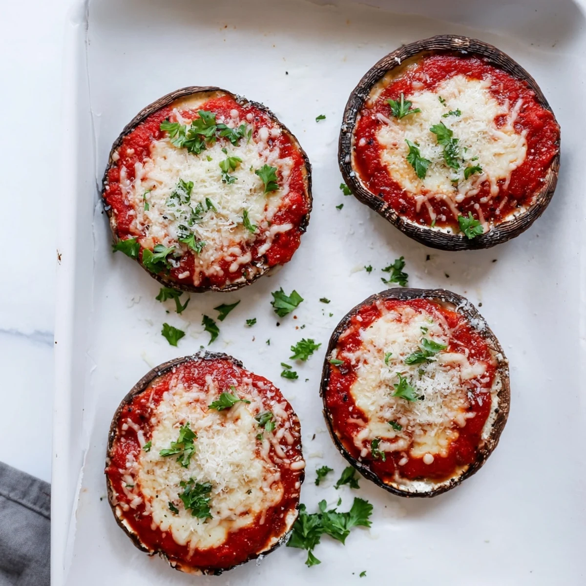 Hearty portobello mushrooms filled with classic lasagna flavors topped with bubbling marinara sauce
