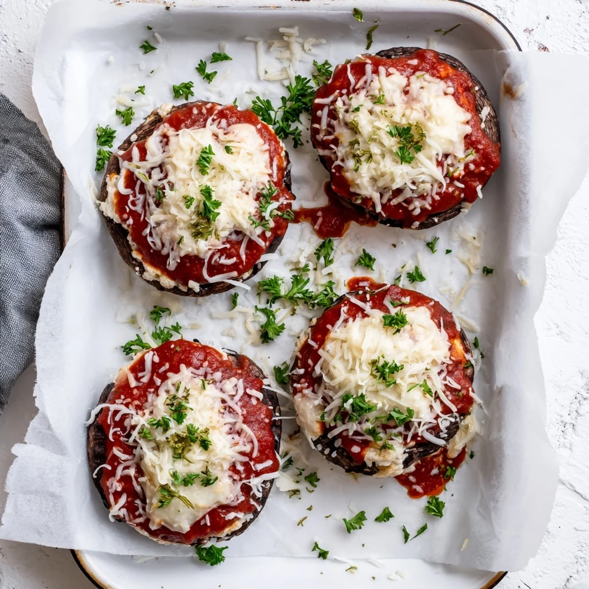 Baked portobello caps stuffed with savory ricotta mixture and gooey melted cheese topping