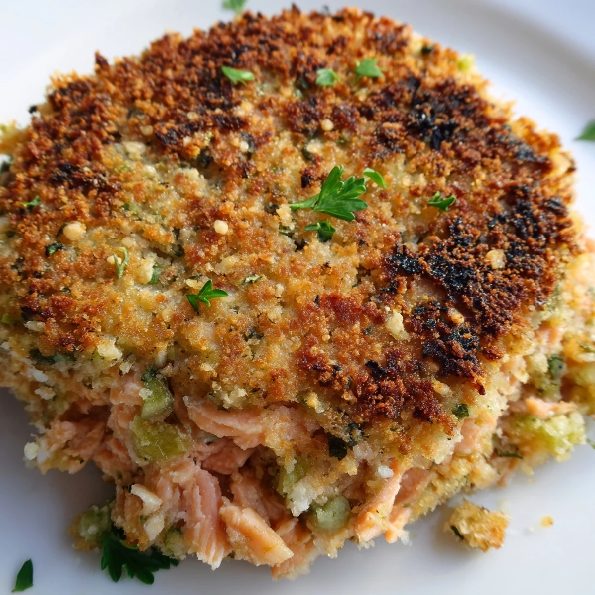 Golden brown easy salmon cakes with canned salmon served on white plate with fresh lemon wedges