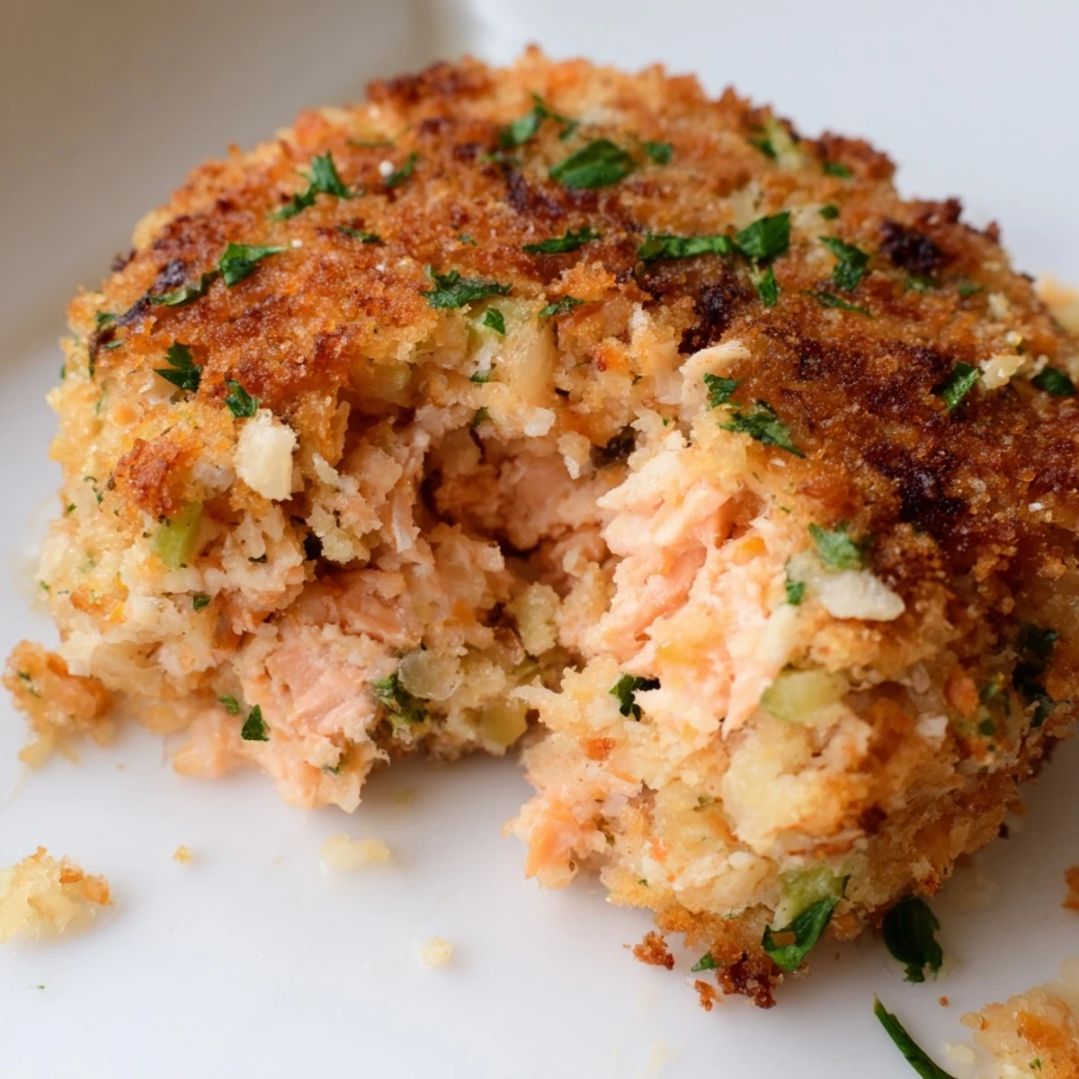 Crispy pan-fried easy salmon cakes with canned salmon garnished with chopped parsley and dipping sauce