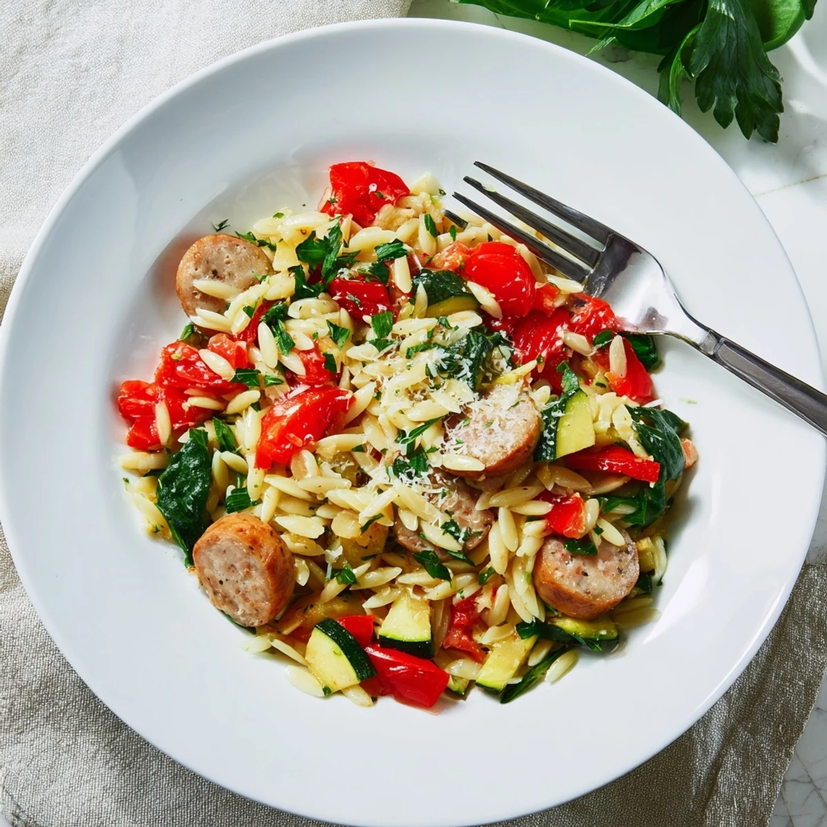 Creamy chicken sausage orzo simmered with zucchini, tomatoes, and fresh spinach in one pot