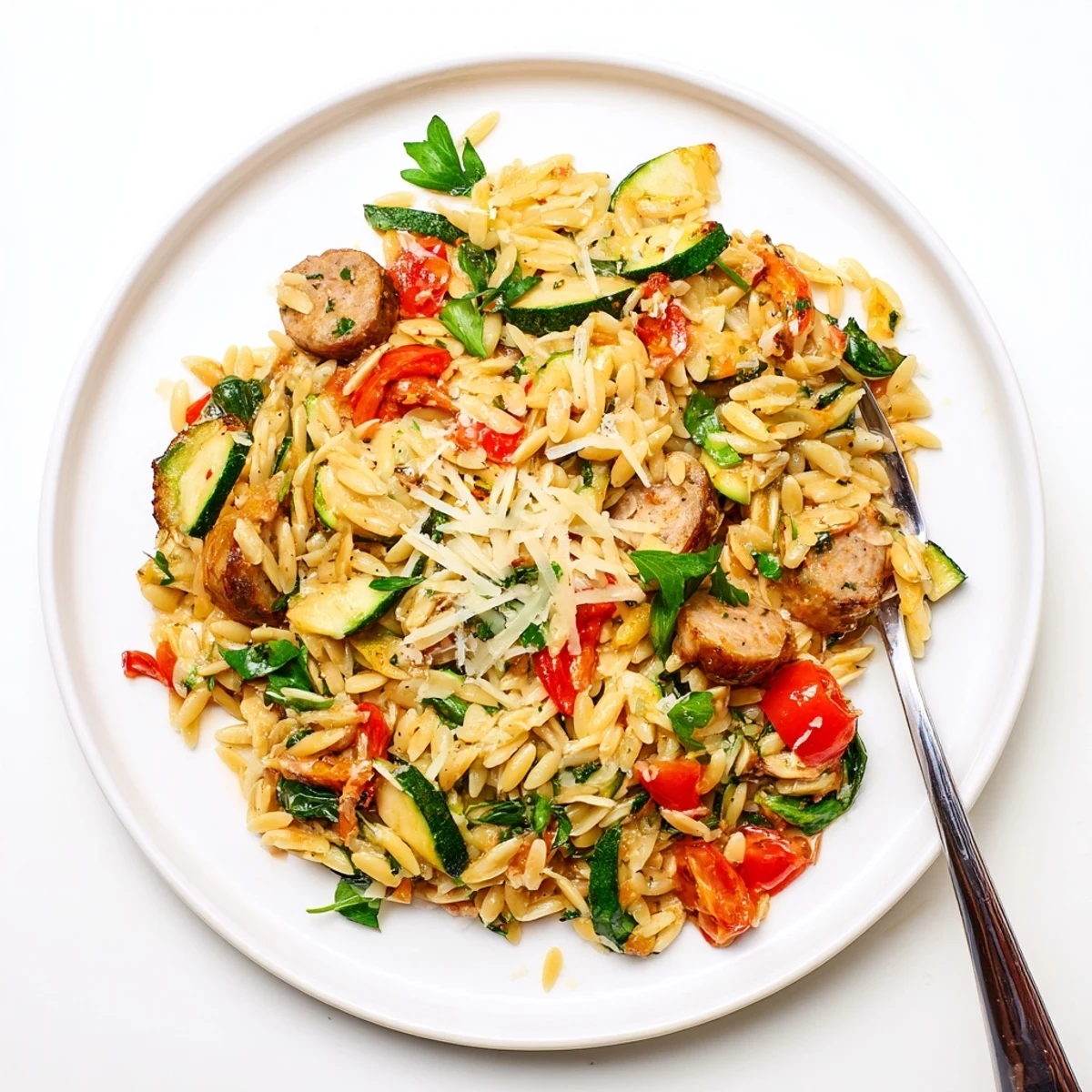 Golden chicken sausage orzo one pot meal with colorful vegetables in a deep skillet