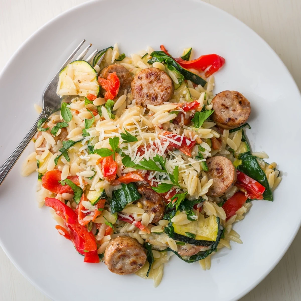 Hearty chicken sausage orzo one pot meal garnished with Parmesan and fresh basil herbs