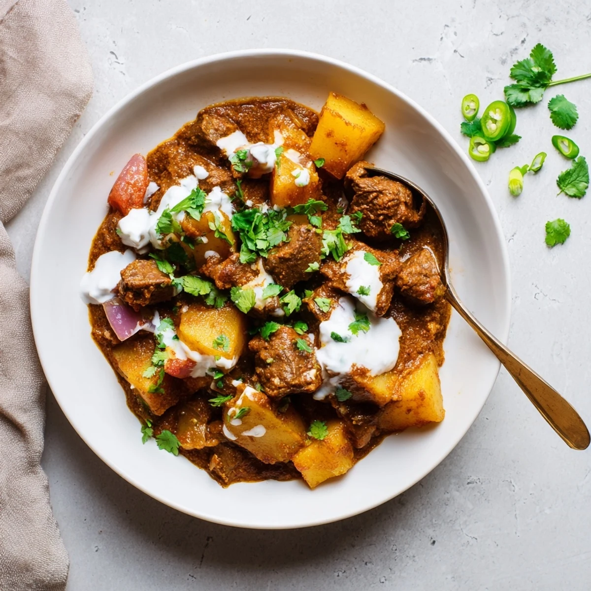 Slow cooker Indian beef curry with tender beef cubes in aromatic coconut sauce served over fluffy white rice