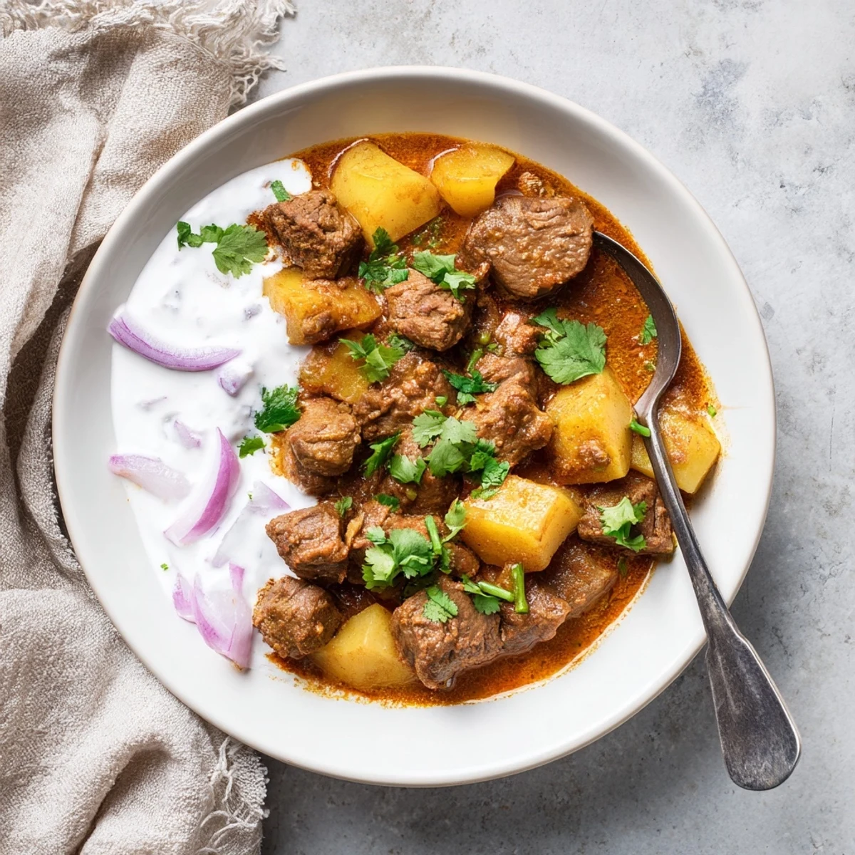 Rich slow cooker Indian beef curry garnished with fresh cilantro alongside warm naan bread for dipping