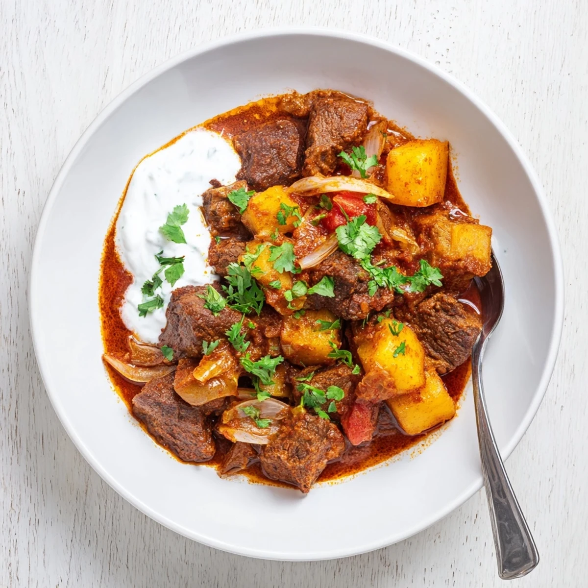 Bowl of savory slow cooker Indian beef curry featuring tender potatoes and beef in spiced golden gravy