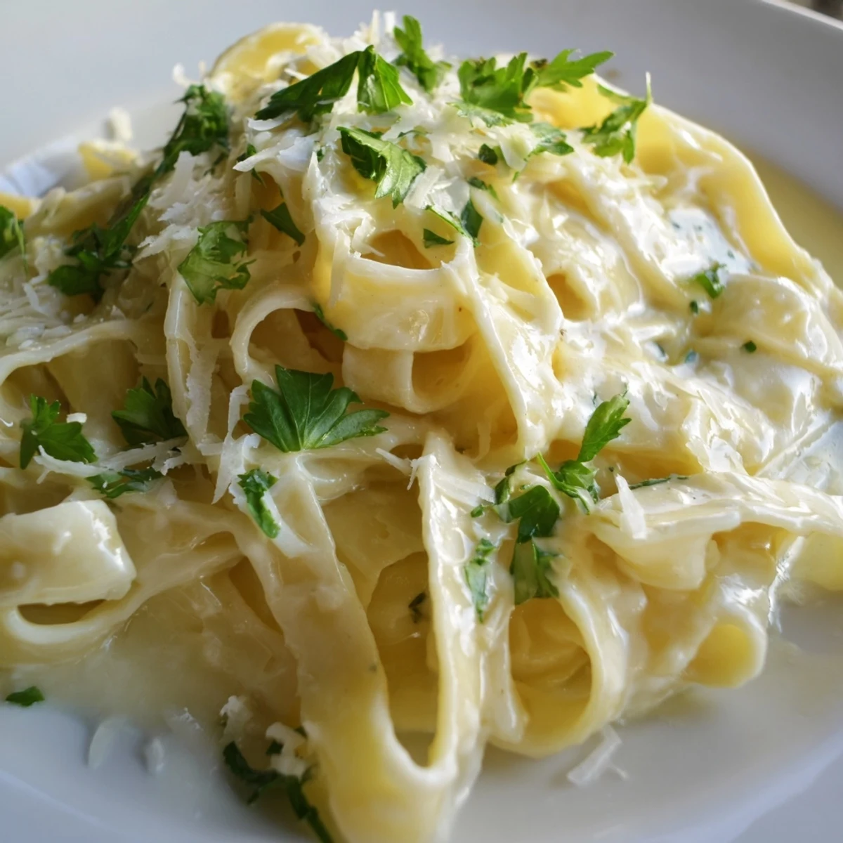 Creamy fettuccine Alfredo with glossy Parmesan sauce coating each tender pasta ribbon