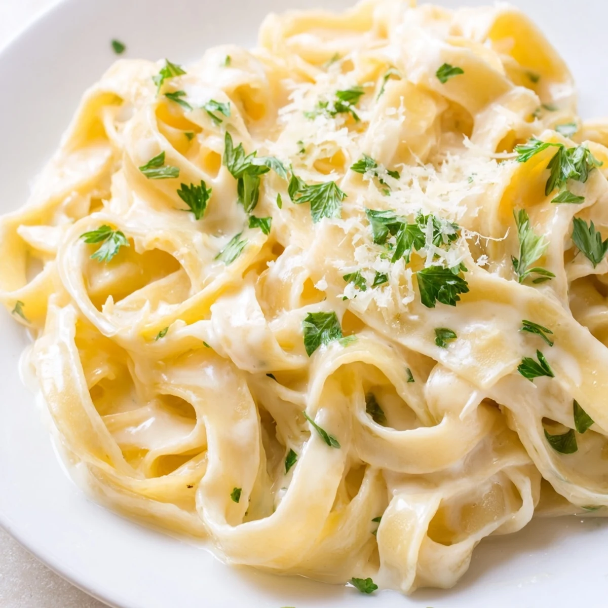 Golden fettuccine Alfredo tossed in rich buttery white sauce with fresh parsley garnish