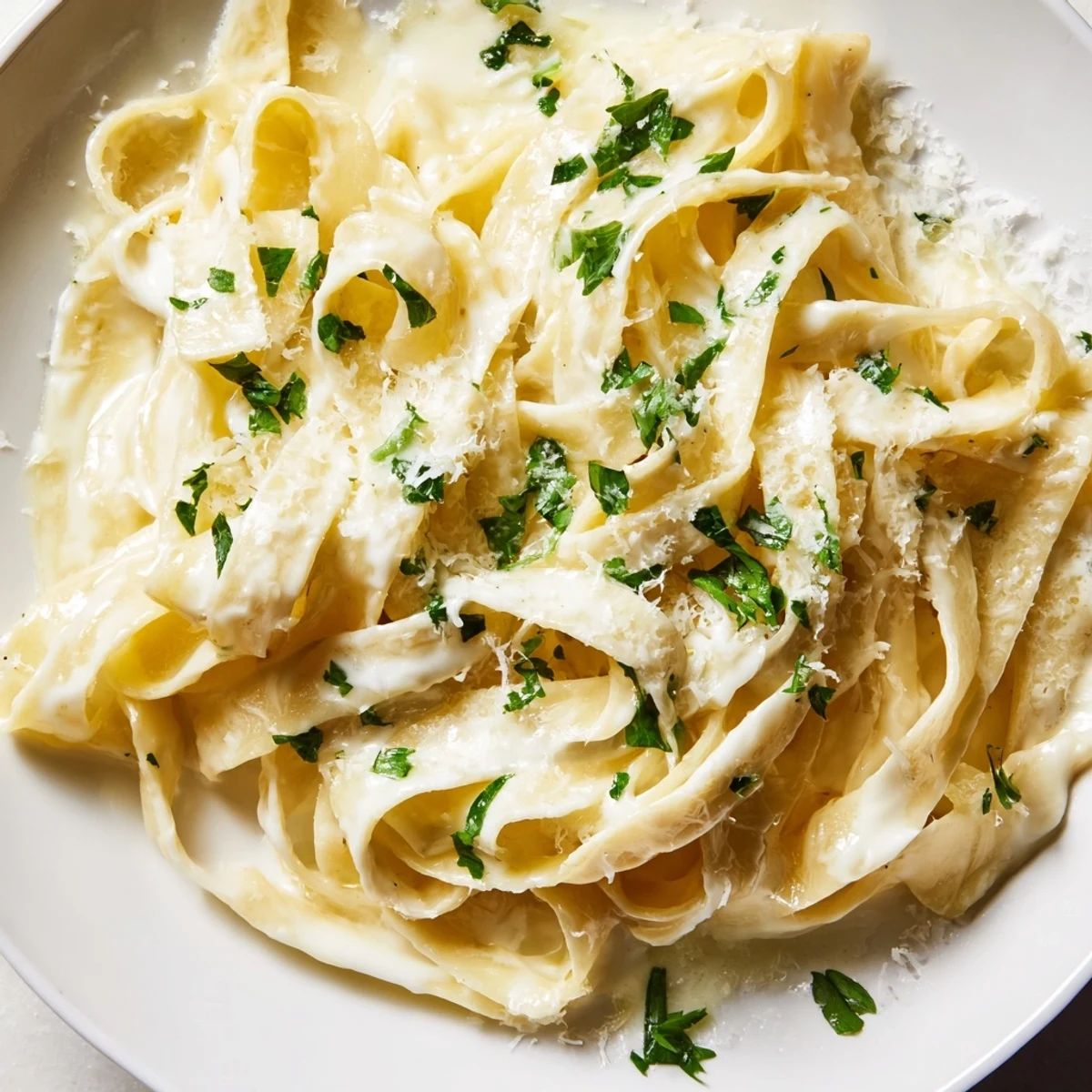 Plated fettuccine Alfredo featuring silky Parmesan cream sauce over perfectly cooked pasta strands