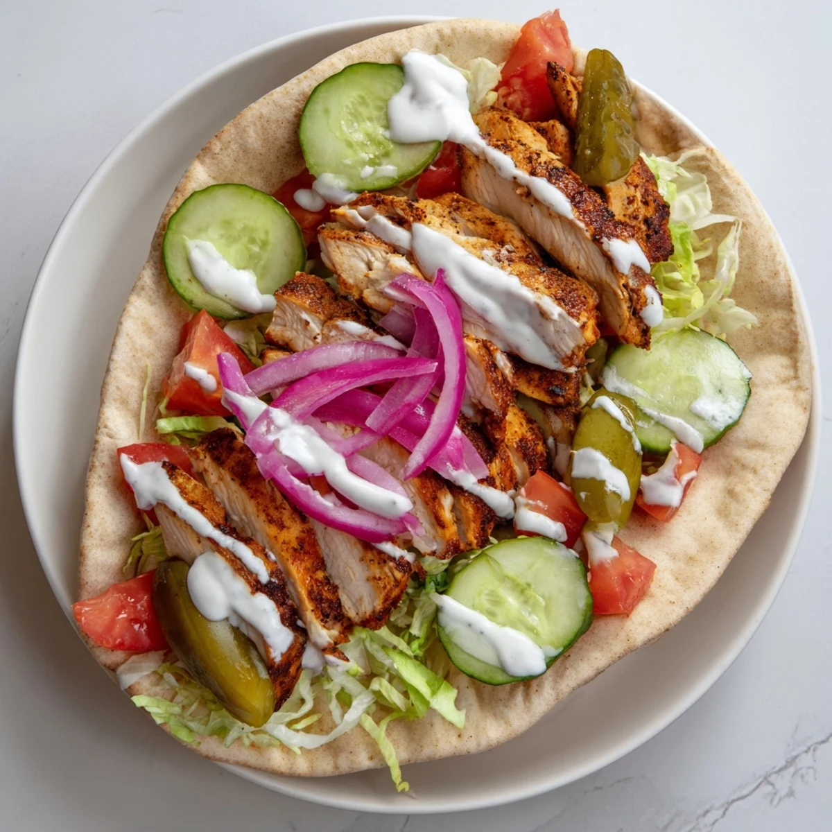 Juicy spiced chicken shawarma sliced and wrapped in warm pita with fresh crisp vegetables