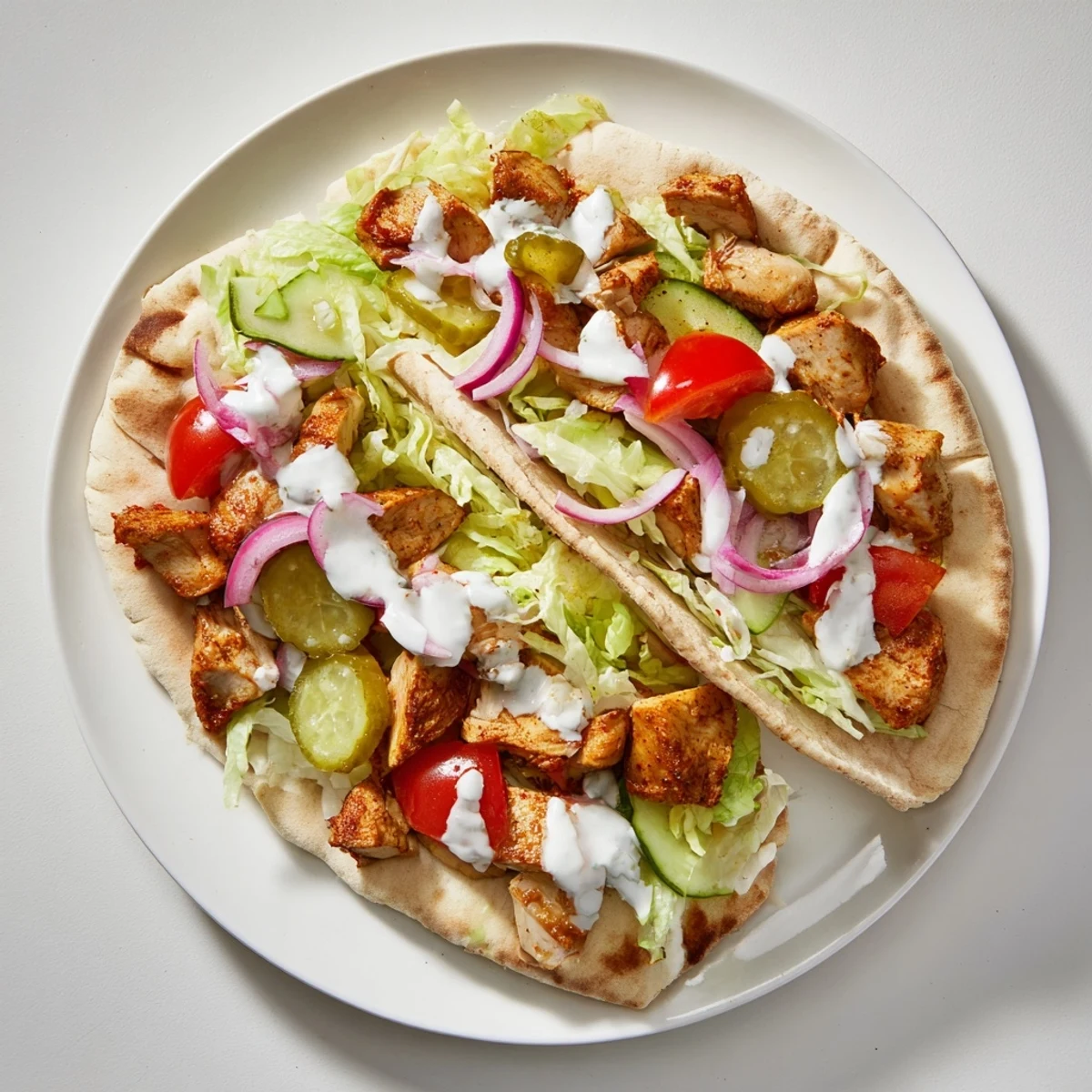 Golden marinated chicken shawarma stacked in flatbread with lettuce tomatoes and creamy garlic sauce