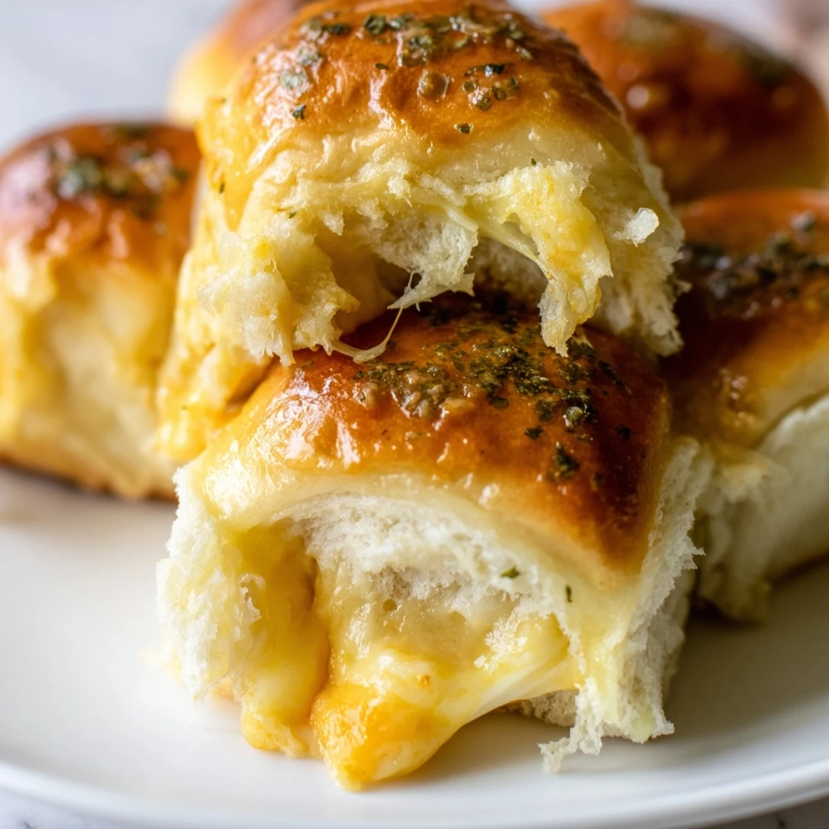Buttery toasted Hawaiian roll sliders stuffed with gooey cheese and sprinkled with dried parsley