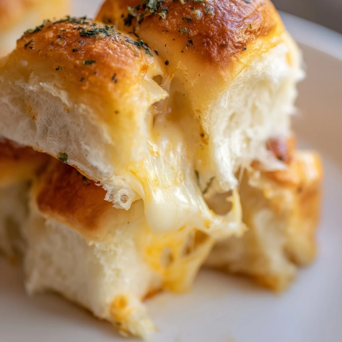 Golden batch of mini grilled cheese Hawaiian rolls with melted cheddar on a baking sheet