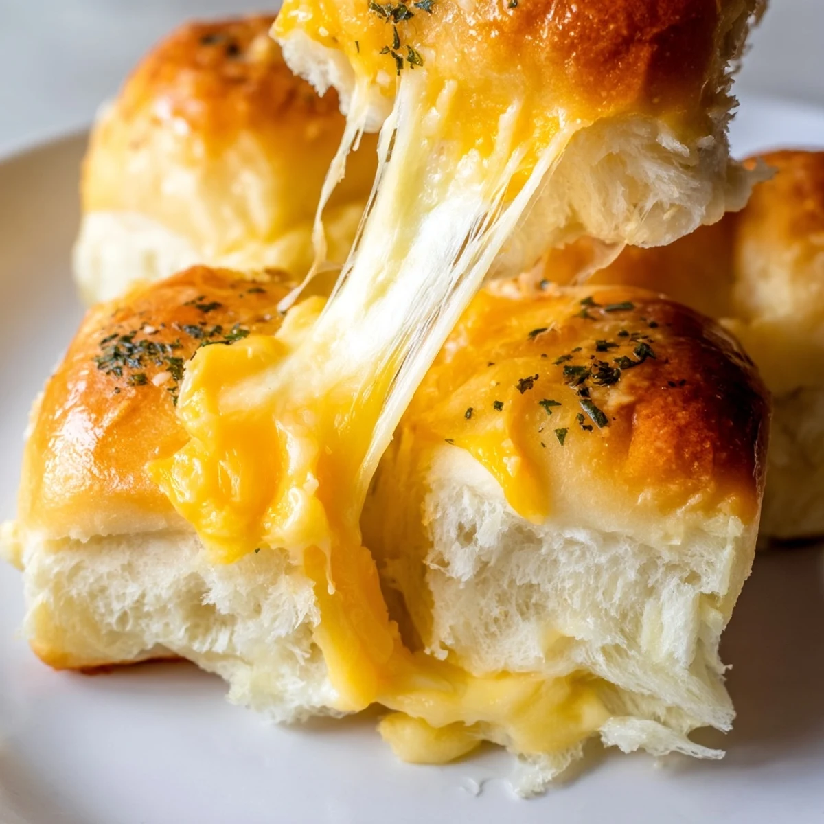 Close up of warm mini grilled cheese sandwiches with sweet Hawaiian rolls and golden cheese crust