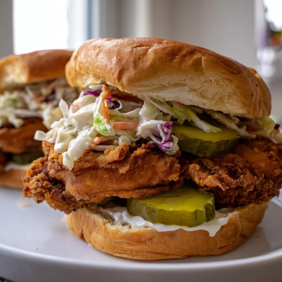 Juicy buttermilk fried chicken thigh patty with crunchy coleslaw and pickles served in a fluffy American burger bun