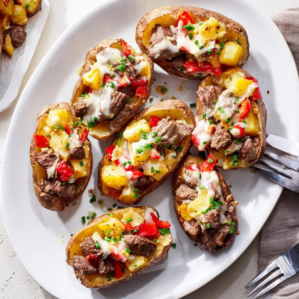 Golden baked potatoes stuffed with seasoned steak and drizzled with rich Parmesan cream sauce