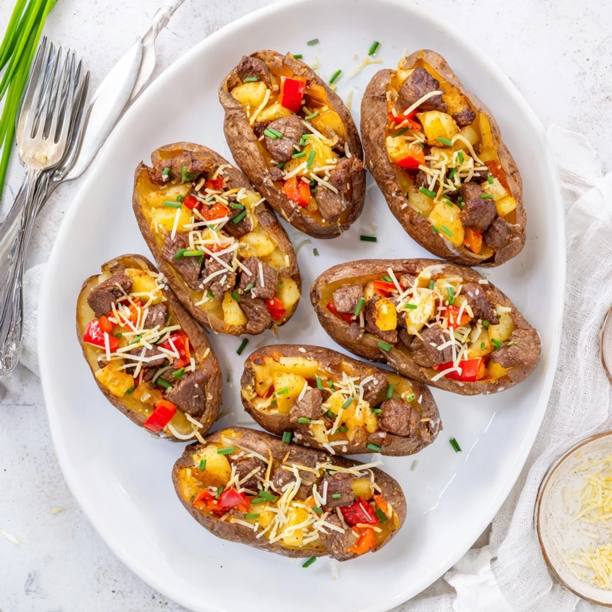 Fluffy russet potatoes filled with juicy steak cubes topped with creamy white Parmesan sauce