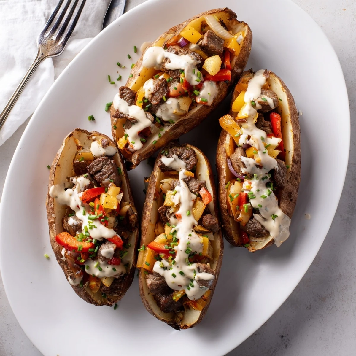 Hearty stuffed baked potatoes featuring tender steak pieces and velvety Parmesan cream sauce