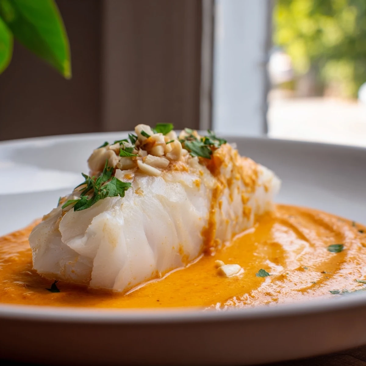 Golden pan-seared cod fillets nestled in a vibrant roasted red pepper cream sauce
