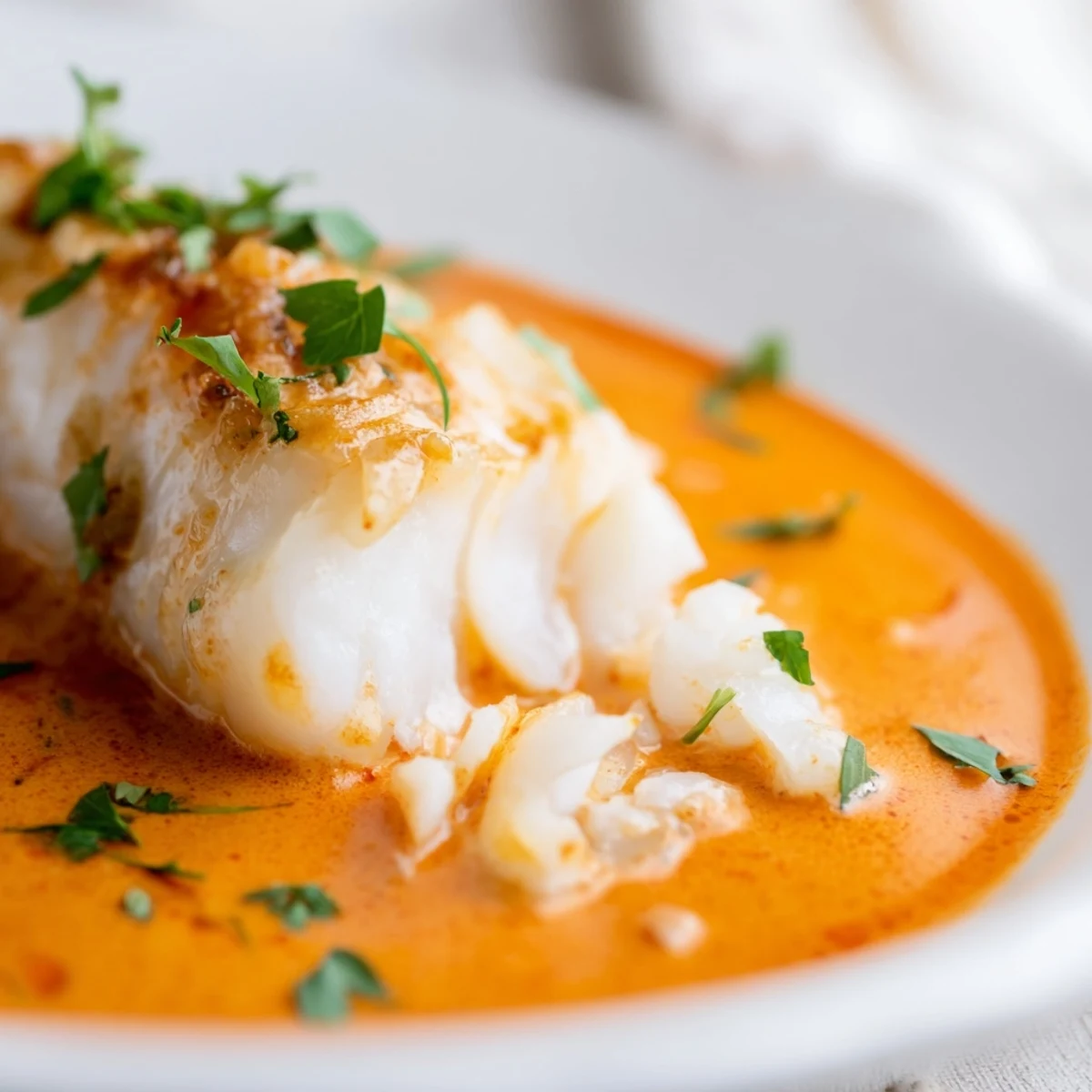 Flaky tender white cod swimming in smooth Mediterranean roasted red pepper sauce with parsley garnish