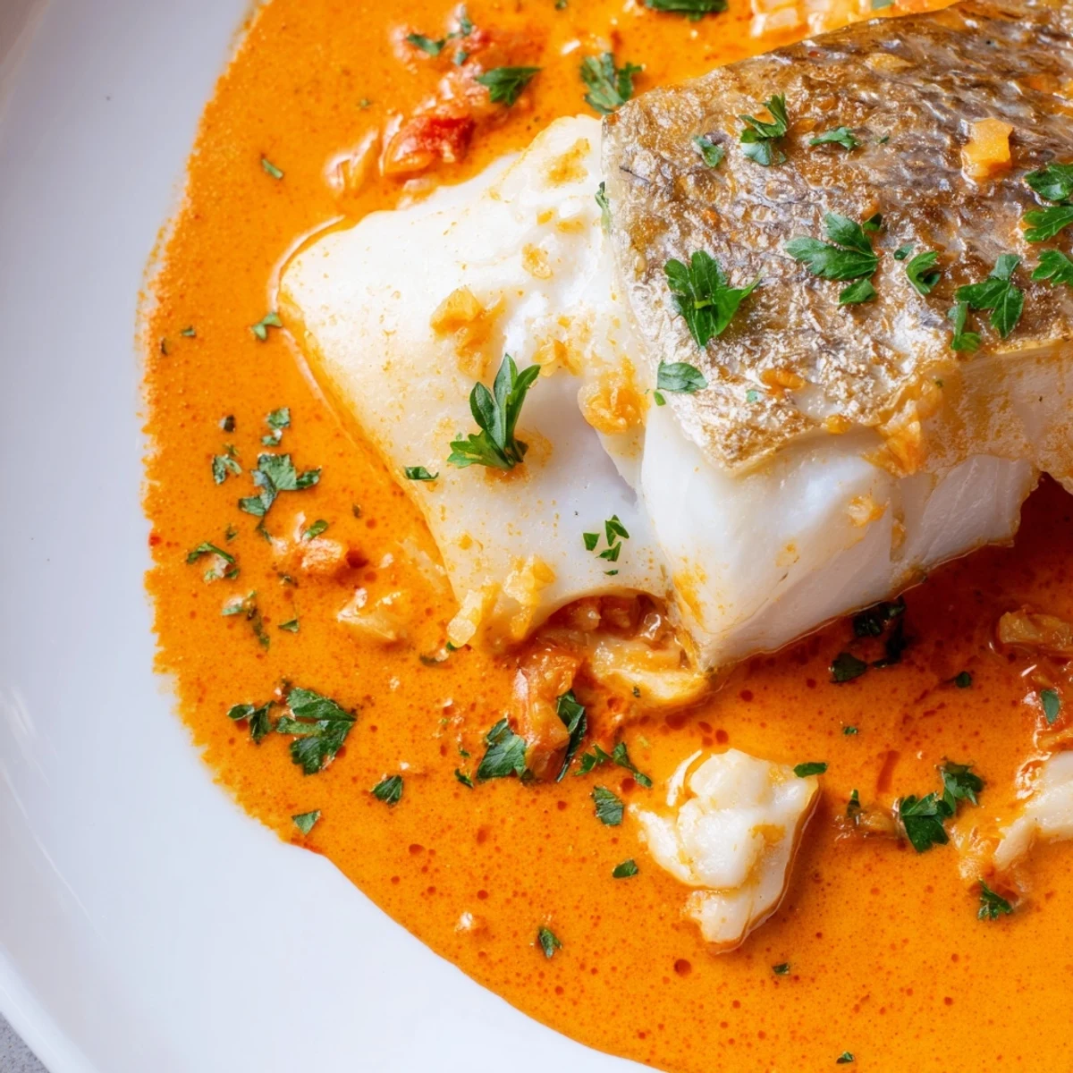 Creamy roasted red pepper glazed cod fillets served with fresh lemon wedges on white plate