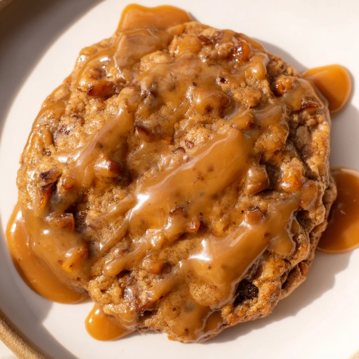 Soft baked sticky toffee pudding cookies with dates and buttery toffee sauce drizzle